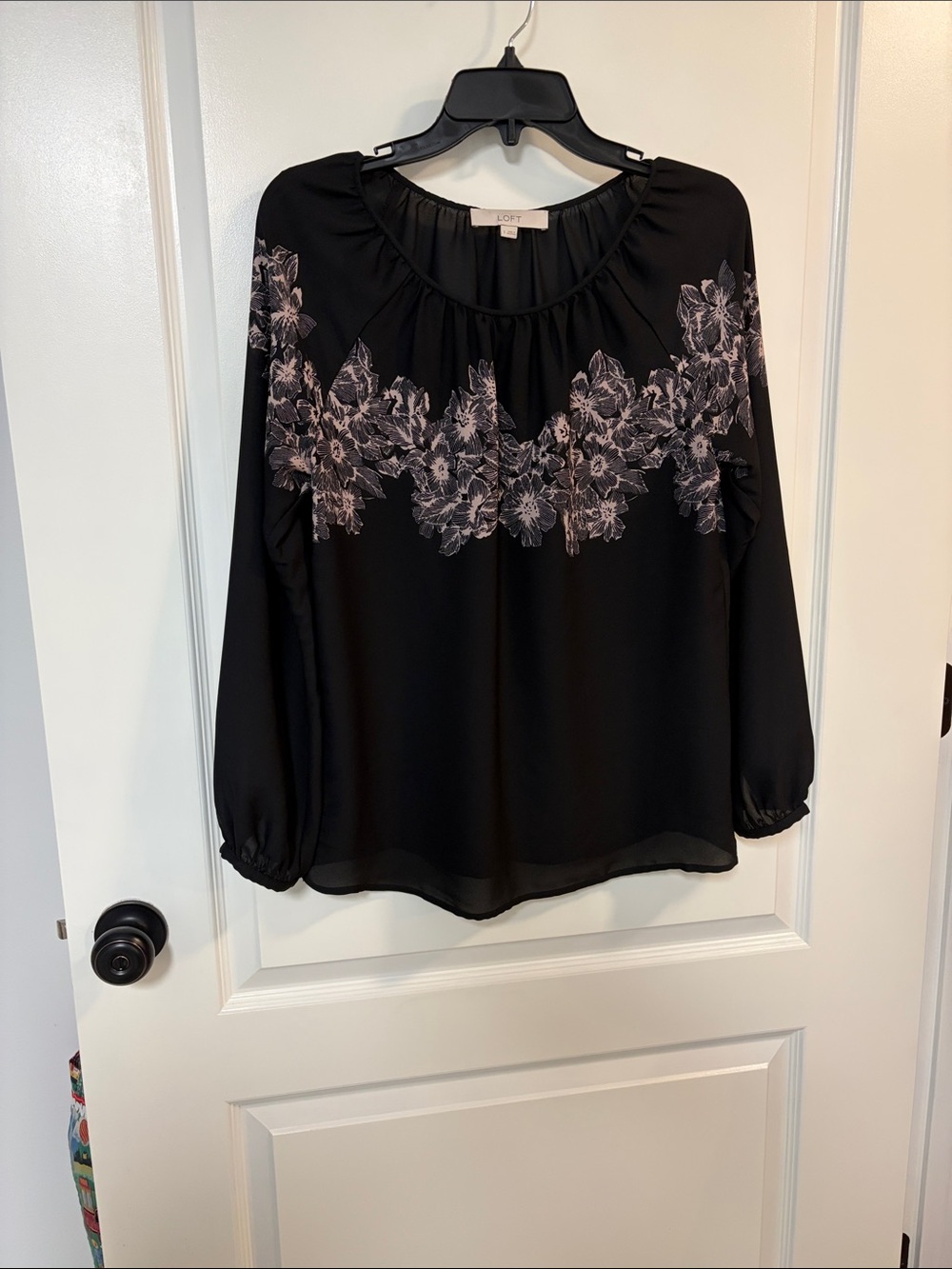 LOFT Black Blouse with Pale Floral Yoke